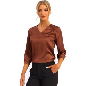 imageAllegra K Womens Casual Dressy Office Blouses 34 Sleeve V Neck Satin ShirtBrown