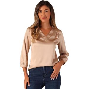 imageAllegra K Womens Casual Dressy Office Blouses 34 Sleeve V Neck Satin ShirtChampagne