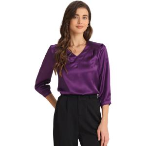 imageAllegra K Womens Casual Dressy Office Blouses 34 Sleeve V Neck Satin ShirtDark Purple