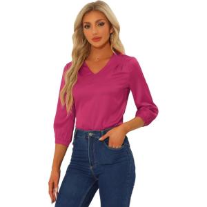 imageAllegra K Womens Casual Dressy Office Blouses 34 Sleeve V Neck Satin ShirtFushcia
