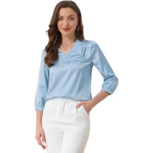 imageAllegra K Womens Casual Dressy Office Blouses 34 Sleeve V Neck Satin ShirtLight Blue