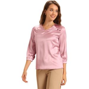 imageAllegra K Womens Casual Dressy Office Blouses 34 Sleeve V Neck Satin ShirtPink