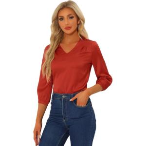 imageAllegra K Womens Casual Dressy Office Blouses 34 Sleeve V Neck Satin ShirtRed