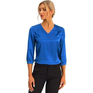 imageAllegra K Womens Casual Dressy Office Blouses 34 Sleeve V Neck Satin ShirtRoyal Blue