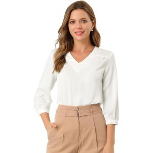 imageAllegra K Womens Casual Dressy Office Blouses 34 Sleeve V Neck Satin ShirtWhite
