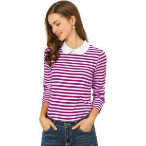 imageAllegra K Womens Contrast Collar Long Sleeves Peter Pan Collar Striped Blouse TopAubergine