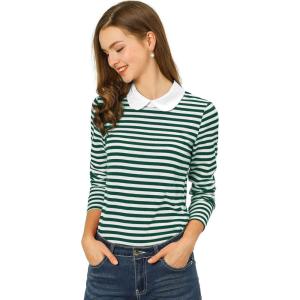 imageAllegra K Womens Contrast Collar Long Sleeves Peter Pan Collar Striped Blouse TopGreen