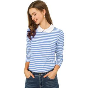 imageAllegra K Womens Contrast Collar Long Sleeves Peter Pan Collar Striped Blouse TopLight Blue