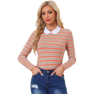 imageAllegra K Womens Contrast Collar Long Sleeves Peter Pan Collar Striped Blouse TopMulticolor