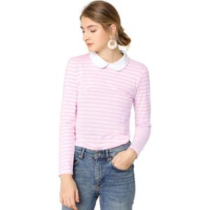 imageAllegra K Womens Contrast Collar Long Sleeves Peter Pan Collar Striped Blouse TopPink