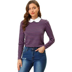 imageAllegra K Womens Contrast Collar Long Sleeves Peter Pan Collar Striped Blouse TopPurple Black
