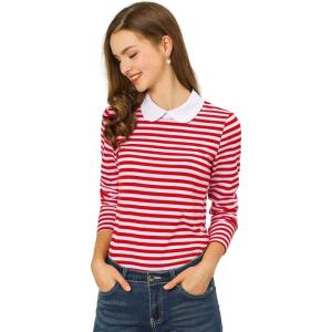 imageAllegra K Womens Contrast Collar Long Sleeves Peter Pan Collar Striped Blouse TopRed