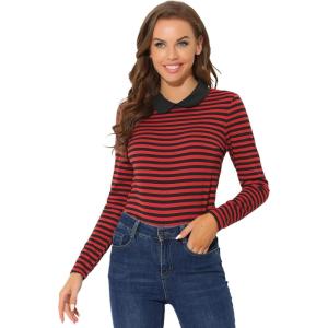 imageAllegra K Womens Contrast Collar Long Sleeves Peter Pan Collar Striped Blouse TopRed Black