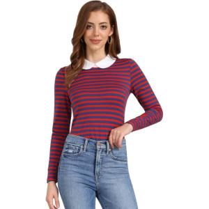 imageAllegra K Womens Contrast Collar Long Sleeves Peter Pan Collar Striped Blouse TopRed Blue