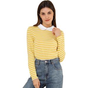 imageAllegra K Womens Contrast Collar Long Sleeves Peter Pan Collar Striped Blouse TopYellow