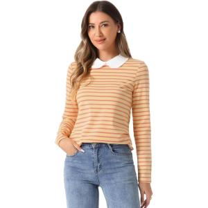 imageAllegra K Womens Contrast Collar Long Sleeves Peter Pan Collar Striped Blouse TopYellow Pink