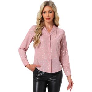 imageAllegra K Womens Metallic Patterned Blouse V Neck Long Sleeve Gilding Sparkly Dots Star TopLight Pink