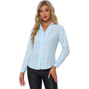 imageAllegra K Womens Metallic Patterned Blouse V Neck Long Sleeve Gilding Sparkly Dots Star TopSky Blue