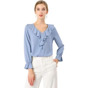 imageAllegra K Womens Ruffle Blouse for Business Work Elegant V Neck Long Sleeve Casual Dressy TopBaby Blue