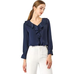 imageAllegra K Womens Ruffle Blouse for Business Work Elegant V Neck Long Sleeve Casual Dressy TopDark Blue