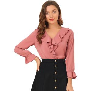imageAllegra K Womens Ruffle Blouse for Business Work Elegant V Neck Long Sleeve Casual Dressy TopDark Pink