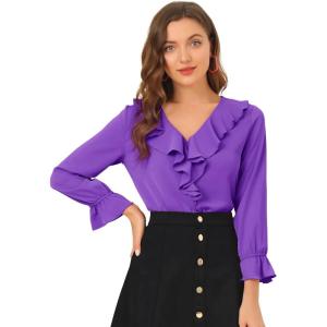 imageAllegra K Womens Ruffle Blouse for Business Work Elegant V Neck Long Sleeve Casual Dressy TopDark Purple