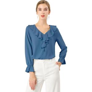 imageAllegra K Womens Ruffle Blouse for Business Work Elegant V Neck Long Sleeve Casual Dressy TopDusty Blue