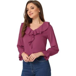 imageAllegra K Womens Ruffle Blouse for Business Work Elegant V Neck Long Sleeve Casual Dressy TopFushcia