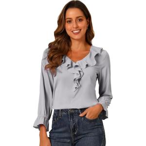 imageAllegra K Womens Ruffle Blouse for Business Work Elegant V Neck Long Sleeve Casual Dressy TopLight Grey