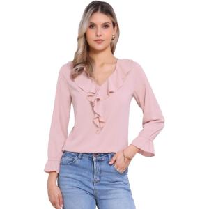 imageAllegra K Womens Ruffle Blouse for Business Work Elegant V Neck Long Sleeve Casual Dressy TopPink