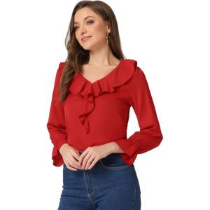 imageAllegra K Womens Ruffle Blouse for Business Work Elegant V Neck Long Sleeve Casual Dressy TopRed