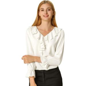 imageAllegra K Womens Ruffle Blouse for Business Work Elegant V Neck Long Sleeve Casual Dressy TopWhite