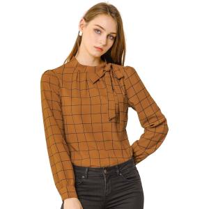 imageAllegra K Womens Tie Front Tops Long Sleeve Dressy Elegant Bow Neck ShirtBrown