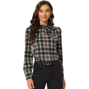 imageAllegra K Womens Tie Front Tops Long Sleeve Dressy Elegant Bow Neck ShirtBrown Black