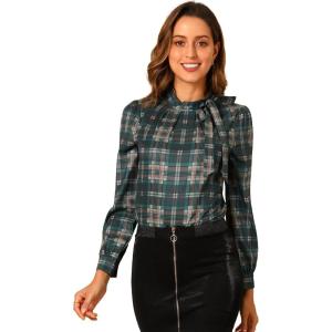 imageAllegra K Womens Tie Front Tops Long Sleeve Dressy Elegant Bow Neck ShirtDark Green