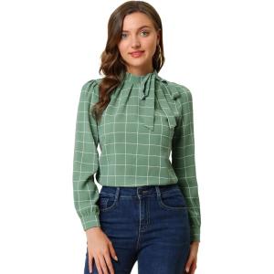 imageAllegra K Womens Tie Front Tops Long Sleeve Dressy Elegant Bow Neck ShirtGreen