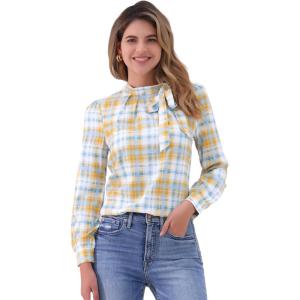 imageAllegra K Womens Tie Front Tops Long Sleeve Dressy Elegant Bow Neck ShirtWhite Yellow Green