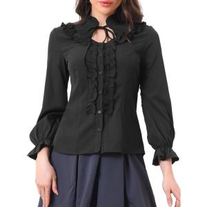 imageAllegra K Womens Victorian Blouse Vintage Ruffled Long Sleeve Button Up Gothic Shirt TopBlack