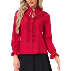 imageAllegra K Womens Victorian Blouse Vintage Ruffled Long Sleeve Button Up Gothic Shirt TopDark Red