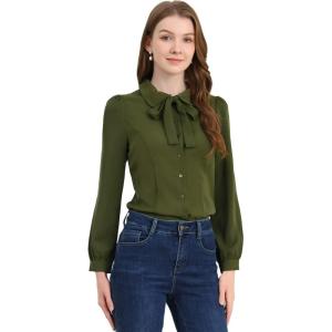 imageAllegra K Womens Vintage Bow Tie Neck Peter Pan Collar Blouse Preppy Chiffon Button Up ShirtArmy Green