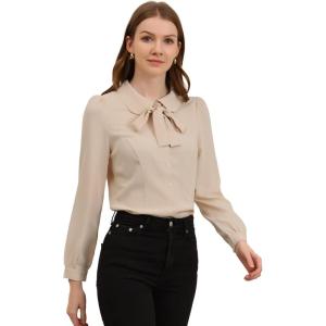 imageAllegra K Womens Vintage Bow Tie Neck Peter Pan Collar Blouse Preppy Chiffon Button Up ShirtBeige