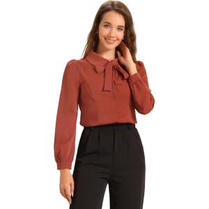 imageAllegra K Womens Vintage Bow Tie Neck Peter Pan Collar Blouse Preppy Chiffon Button Up ShirtBrick Red
