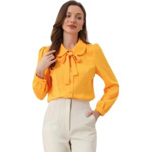 imageAllegra K Womens Vintage Bow Tie Neck Peter Pan Collar Blouse Preppy Chiffon Button Up ShirtBright Yellow