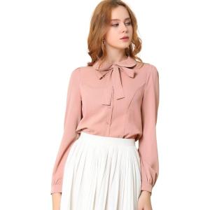 imageAllegra K Womens Vintage Bow Tie Neck Peter Pan Collar Blouse Preppy Chiffon Button Up ShirtCoral Pink
