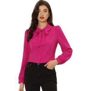 imageAllegra K Womens Vintage Bow Tie Neck Peter Pan Collar Blouse Preppy Chiffon Button Up ShirtHot Pink