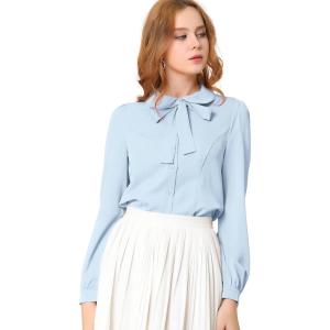 imageAllegra K Womens Vintage Bow Tie Neck Peter Pan Collar Blouse Preppy Chiffon Button Up ShirtLight Blue
