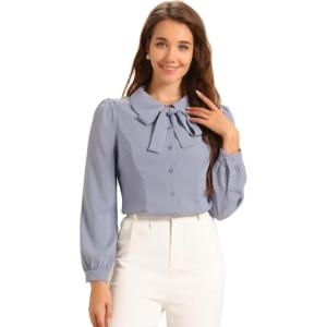imageAllegra K Womens Vintage Bow Tie Neck Peter Pan Collar Blouse Preppy Chiffon Button Up ShirtLight Gray