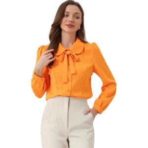 imageAllegra K Womens Vintage Bow Tie Neck Peter Pan Collar Blouse Preppy Chiffon Button Up ShirtOrange