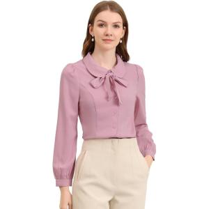 imageAllegra K Womens Vintage Bow Tie Neck Peter Pan Collar Blouse Preppy Chiffon Button Up ShirtPink