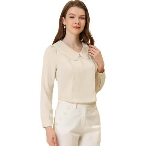 imageAllegra K Womens Vintage Peter Pan Collar Shirt Preppy Lacy Trim Long Sleeve BlouseApricot